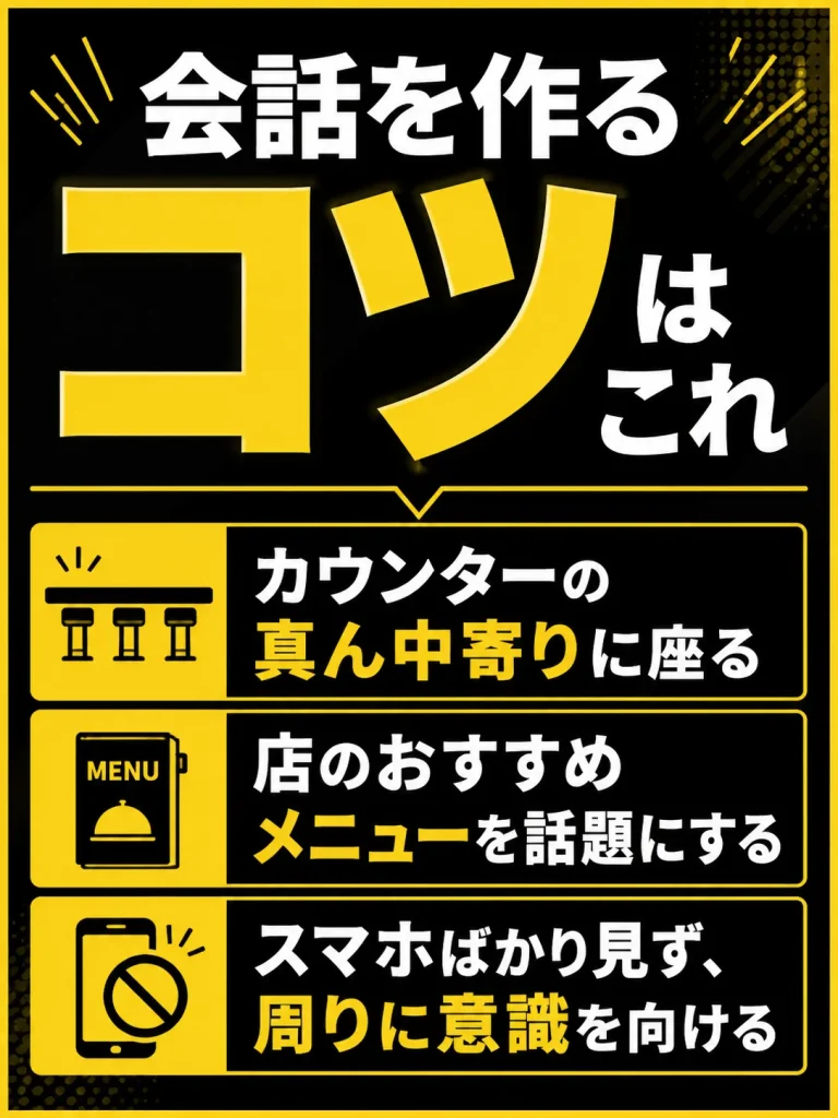 【17:00〜21:00】センター街周辺の立ち飲みやカウンターの店で自然に会話を作る
