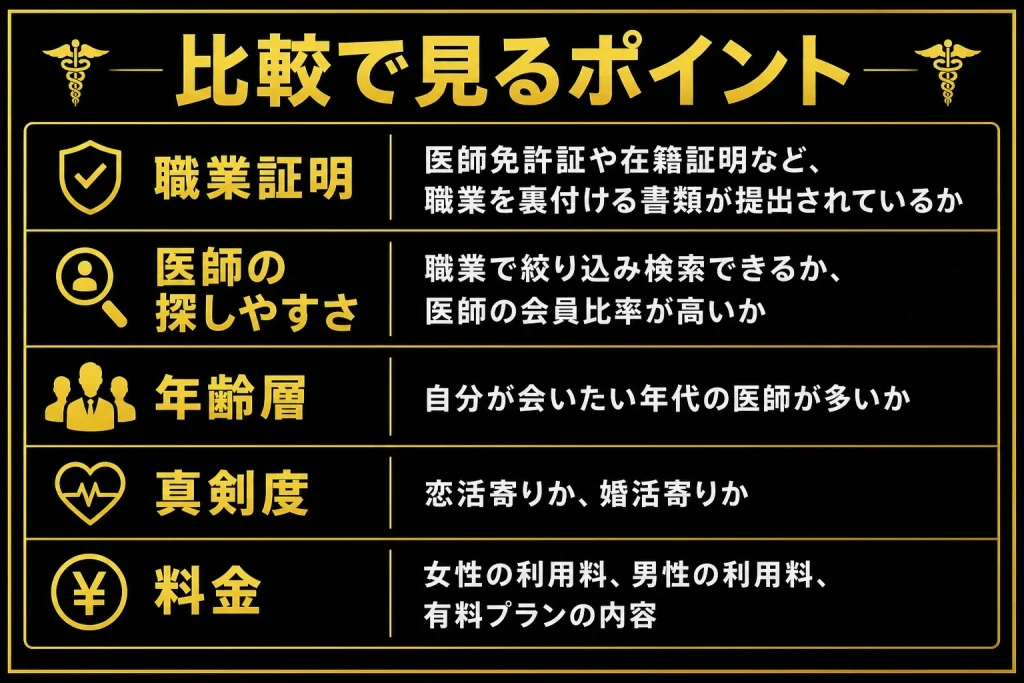 比較で見るポイントは職業証明・医師の探しやすさ・年齢層・真剣度・料金