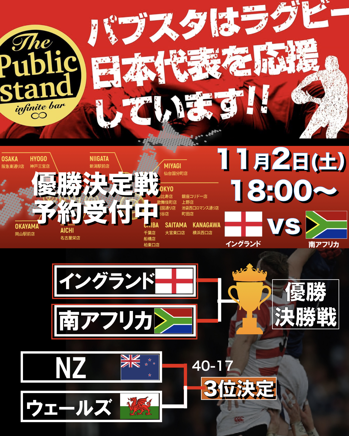 ラグビーワールドカップ決勝戦 をパブスタで応援しよう パブリックスタンド お酒もスポーツも無制限に遊べるバー